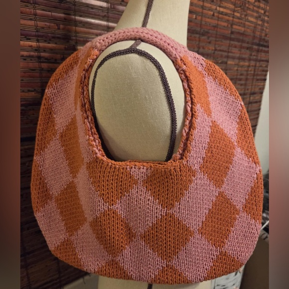 Pink and Orange Argyle Knit Women's Bag - Picture 4 of 4